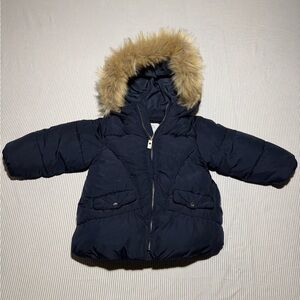 Zara Kids Navy Puffer Jacket with Faux Fur Hood